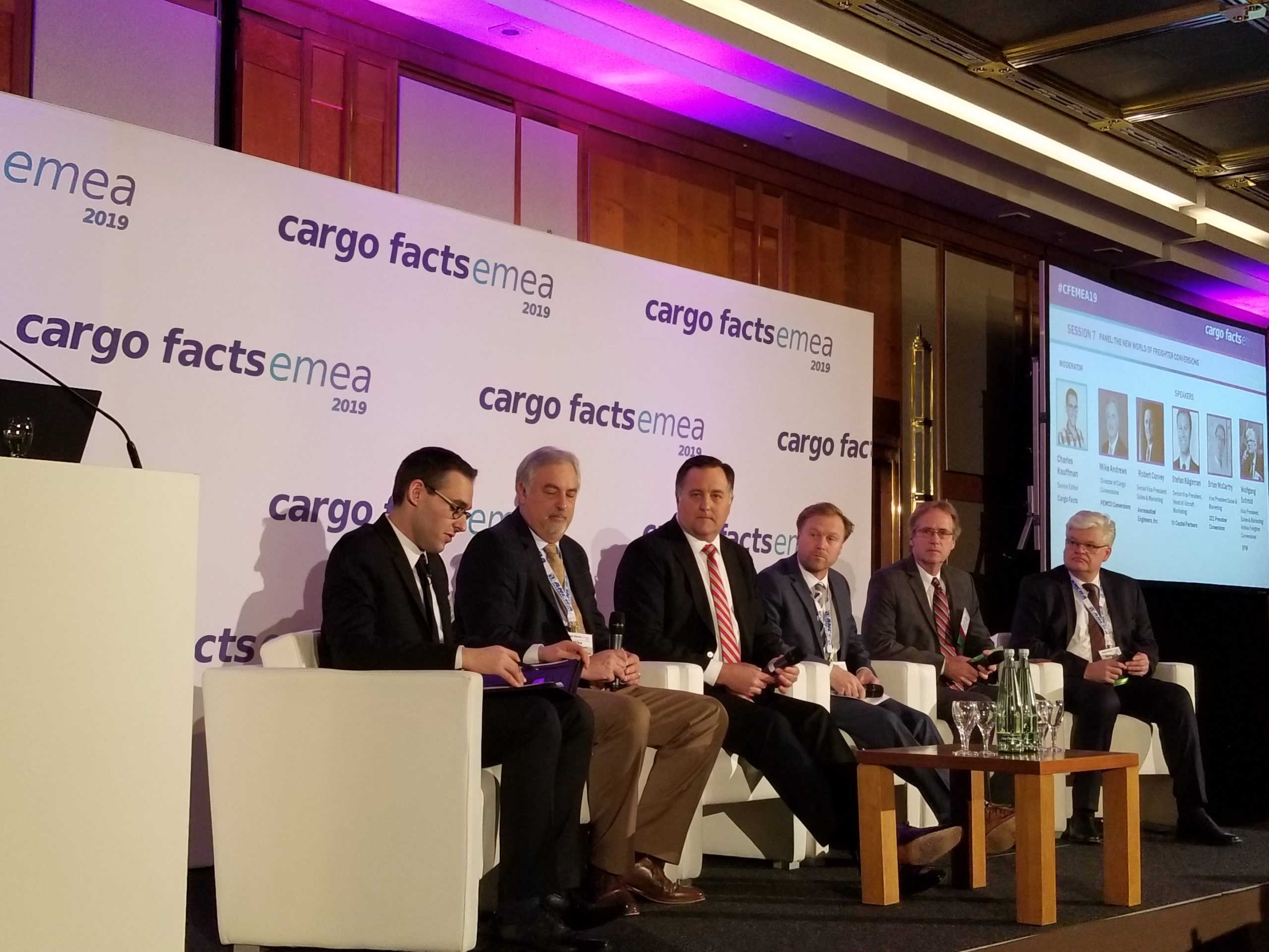 Charles Kauffman, Mike Andrews, Robert Convey, Stefan Kageman, Brian McCarthy, and Wolfgang Schmid at Cargo Facts EMEA 2019 in Frankfurt.