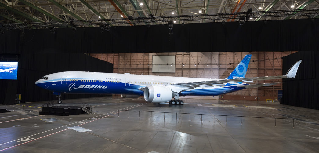 The first 777X debuted at the 13 March employee event at Boeing's Everett Assembly Plant. Photo: Boeing