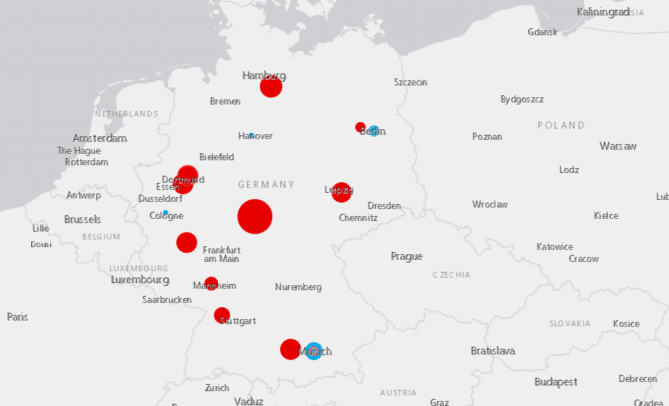 Amazon Germany Locations, size of circle denotes scale of operation, locations in red are distribution centres. (Source: Cargo Facts Consulting)