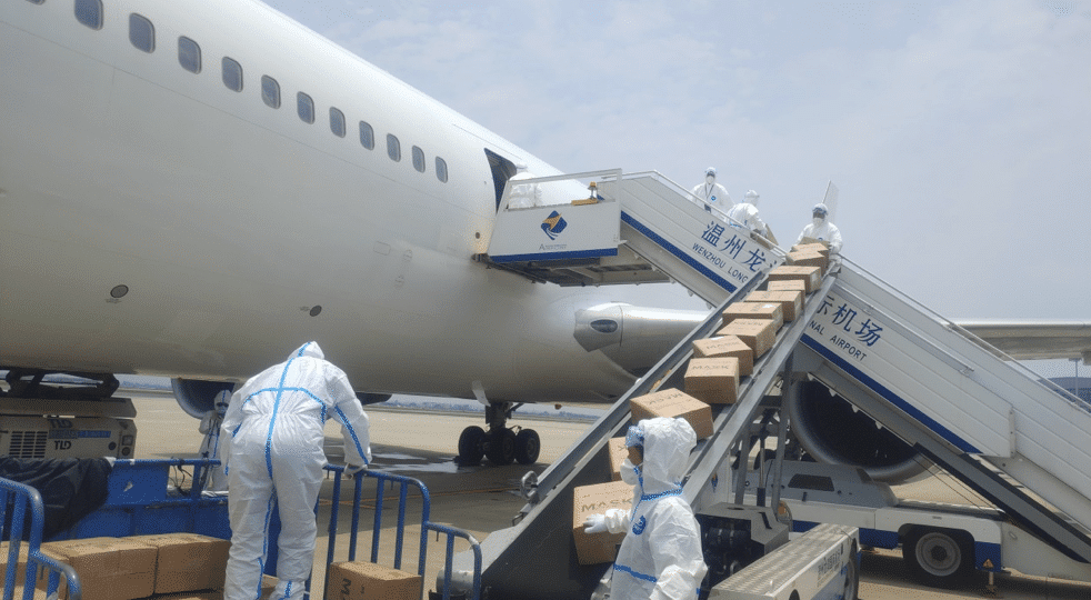 Seats of a Euro Atlantic Airways 767-300 being loaded with medical cargo at Wenzhou Airport (WNZ) on May 17 by handler AirLink Aviation Services. Photo/AirLink Aviation Services