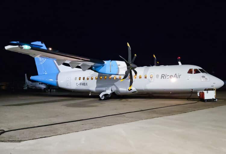 An ATR 42 in Rise Air colors