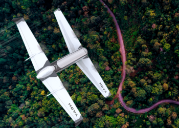A rendering of a Moya eVTOL flying over forest.