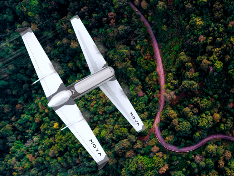 A rendering of a Moya eVTOL flying over forest.