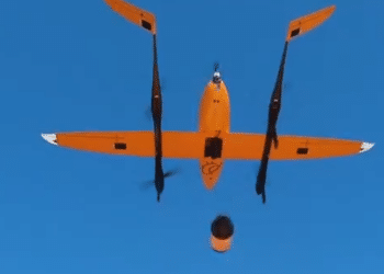 A RigiTech Eiger Drone deploys a package.
