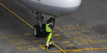 A ground crew worker connects a fuel hose to a jet