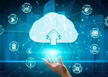 Computer connects to internet network service service for cloud data transfer shows in 3D futuristic graphic interface