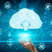 Computer connects to internet network service service for cloud data transfer shows in 3D futuristic graphic interface