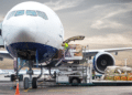 Cargo is loaded onto an airplane