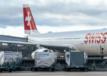 ULDs on the tarmac in front of a Swiss plane