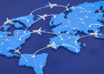 Graphic showing airplanes and dotted lines denoting routes over a world map