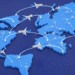 Graphic showing airplanes and dotted lines denoting routes over a world map
