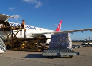 Cargo is loaded onto a Turkish Cargo freighter