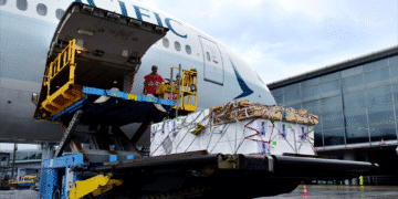 cargo being loaded onto a Cathay airplane