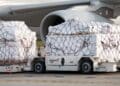 Pallets wait to be loaded onto a freighter