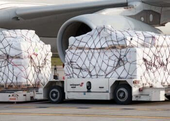 Pallets wait to be loaded onto a freighter