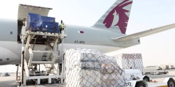 cargo is loaded onto a Qatar Airways Cargo aircraft