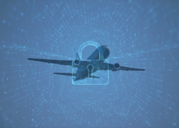 A digital lock with data radiating out semi-transparent over an airplane