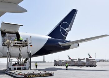 cargo loaded onto a Lufthansa Cargo plane