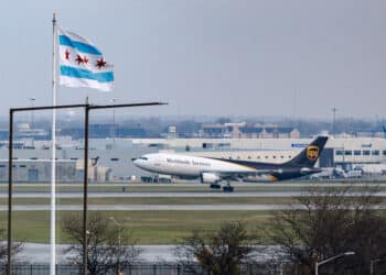 A UPS cargo plane lands at  Chicago (ORD). (Courtesy/Bloomberg)