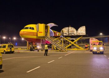 Cargo being loaded onto a DHL cargo plane