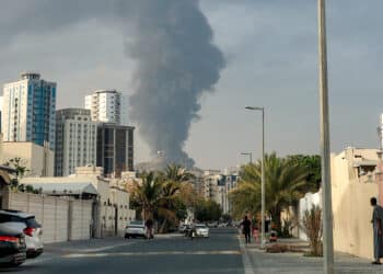 A smoke plume following an explosion in the Fujairah industrial zone on March 3. (Courtesy/Bloomberg)
