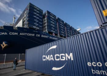 Shipping containers on a container ship operated by CMA CGM SA at the Port of Le Havre in Le Havre, France. (Courtesy/Bloomberg)