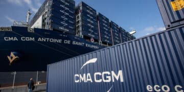 Shipping containers on a container ship operated by CMA CGM SA at the Port of Le Havre in Le Havre, France. (Courtesy/Bloomberg)