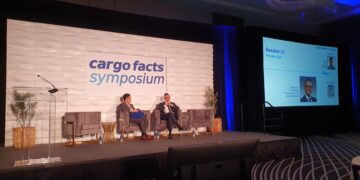 Cargo Facts Consulting's Jeff Lee interviews Martin Drew, Chief Strategy and Transformation Officer, Atlas Air Worldwide, at Cargo Facts Symposium 2026 (Photo/Pilar Wolfsteller)