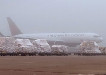 An Air Canada Cargo freighter in the mist with cargo pallets in front of it