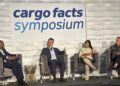 Panelists George Dimitroff from Cirium Ascend, Pooja Gardemal from BK Associates and Anna Kopinski from MBA Aviation speak at Cargo Facts Symposium (Photo/Cargo Facts)